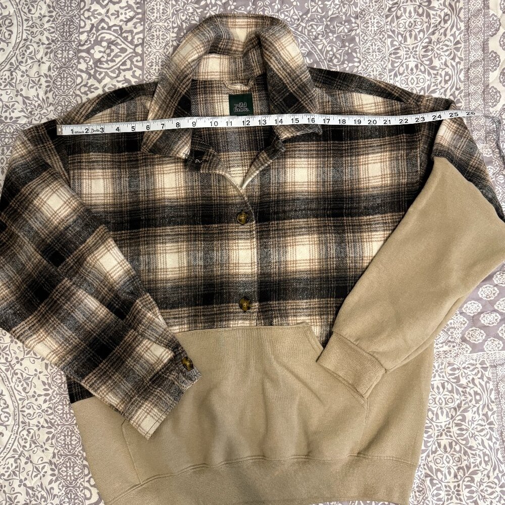 Upcycled Cream Hoodie & Checkered Flannel Men's Size Medium